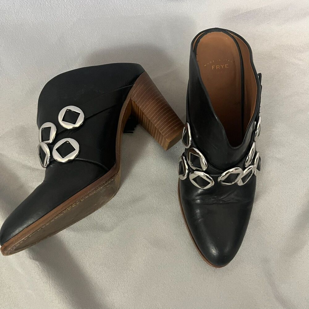 Frye June Mule Concho Women's‎ Mule Sz 8 Black Leather Casual Slip On Block Heel